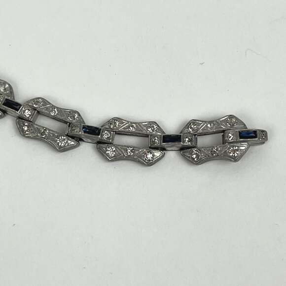 Vintage Art Deco Style Silver-Tone Bracelet Marcasite & Blue Stones - Picture 5 of 9
